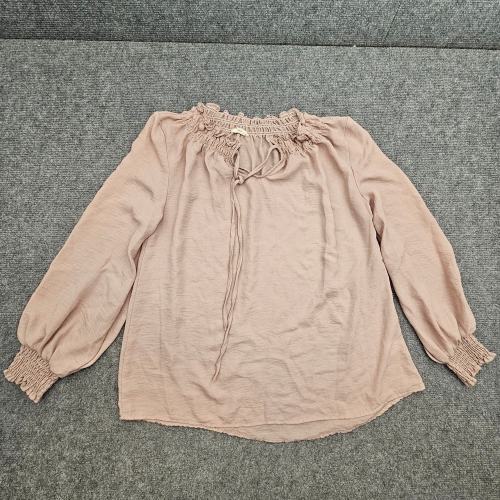 Blushing Heart Blouse Womens Large Pink Smocked Neck Tie Front Boho Retro Chic